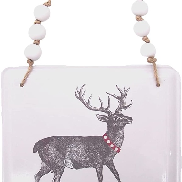 Set Of 2 Hanging "Merry Christmas" Square Metal Reindeer Signs With Wooden Beads - Picture 2 of 4